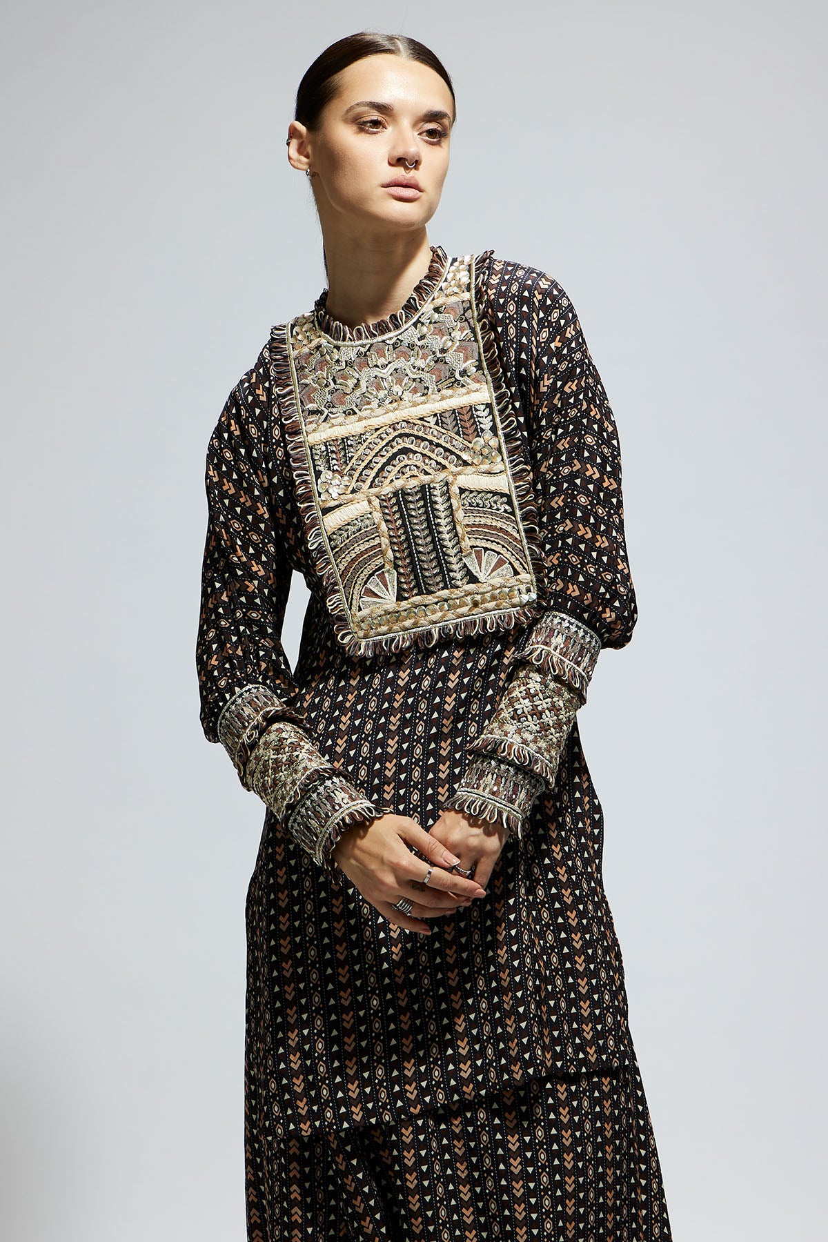 Black Boho Printed Yoke Embroidered Kurta with Drape Skirt