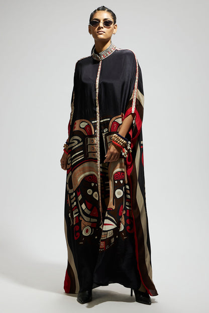 Black Mask Front Open Kaftan with Mask Printed Pants