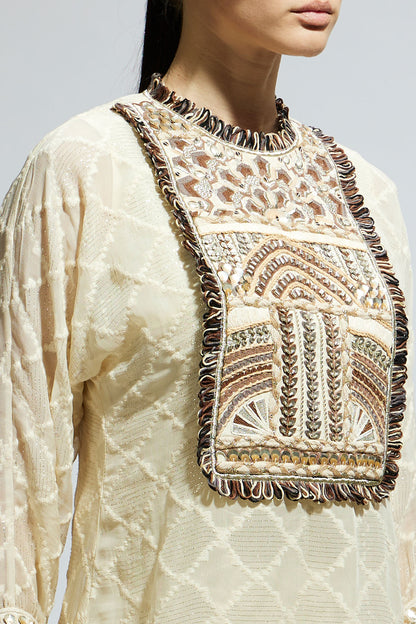 Ivory Aztec Yoke Embroidered Tunic Paired with Drape Skirt