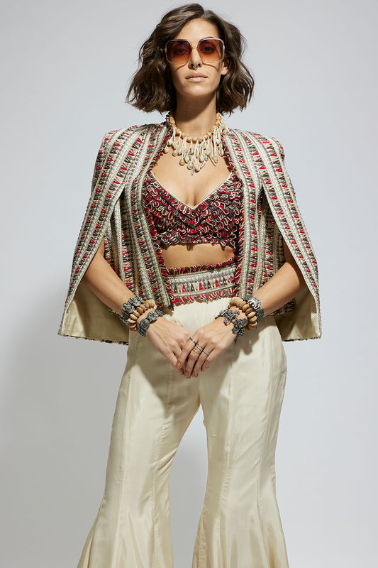 Ivory Embellished Cape Jacket Paired with Textured Bustier and Sharara Pants