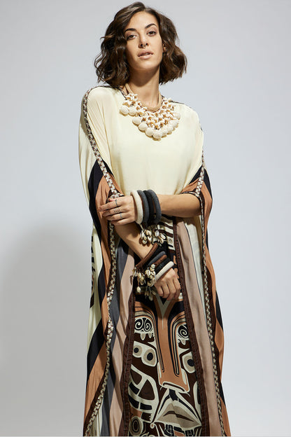 Ivory Mask Kaftan with Brown Printed Pants