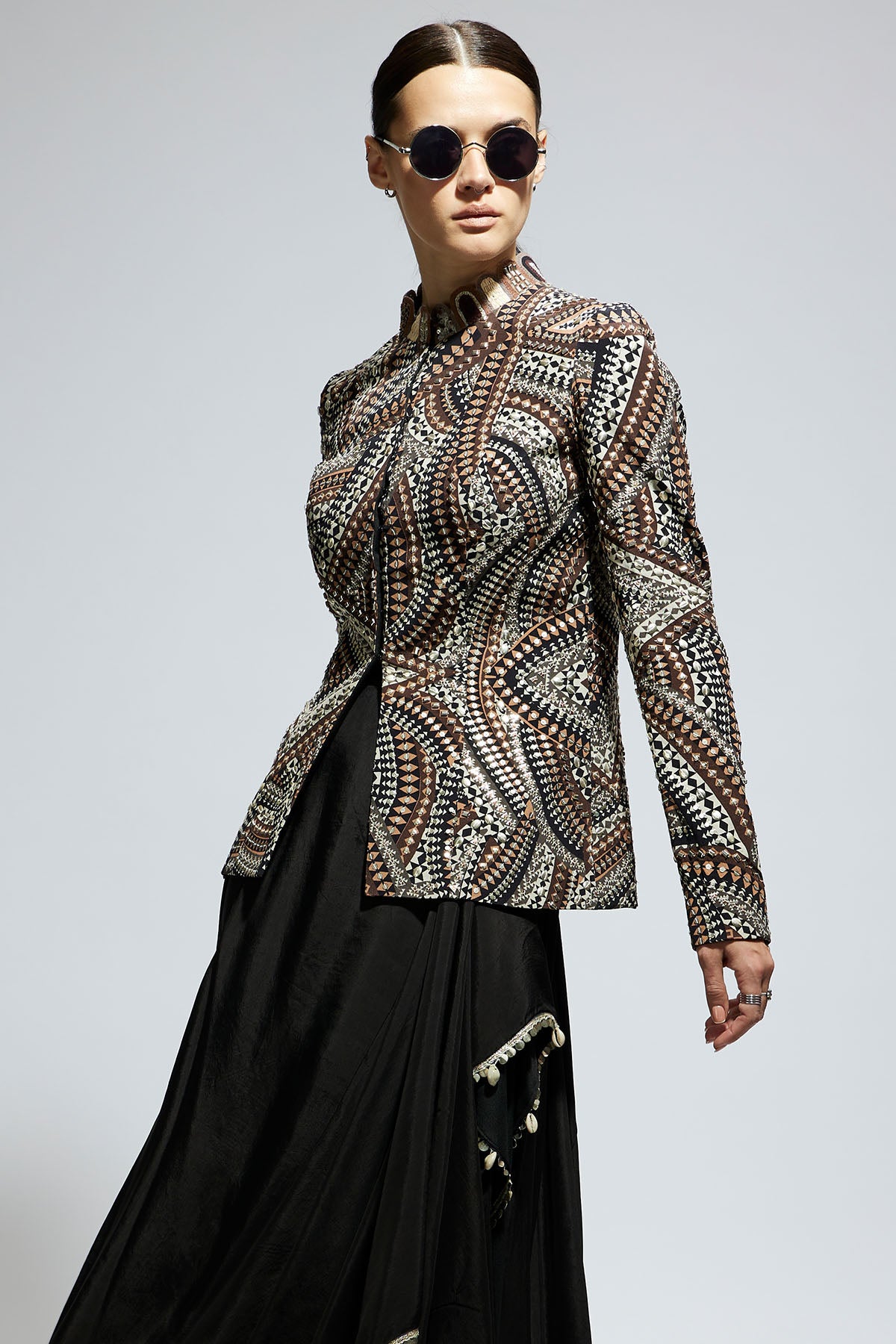 Zentangle Embellished Jacket Paired with Black Solid Nushrat Skirt