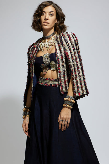 Blue Textured Embellished Cape Jacket Paired with Mask Applique Bustier and Lehenga