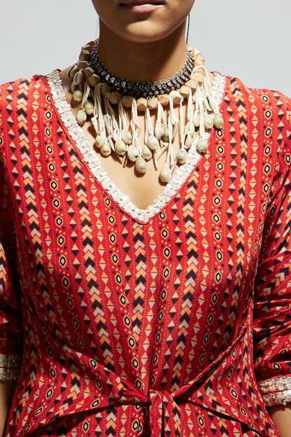 Orange Boho Print Front Tie up Tunic