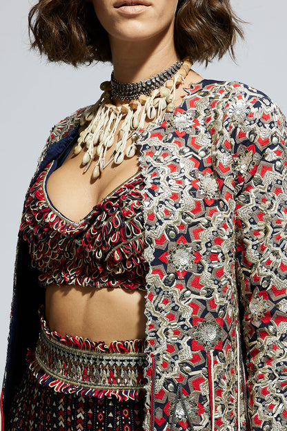 Blue Threadwork Embellished Jacket Paired with Textured Bustier and Blue Printed Sharara Pants