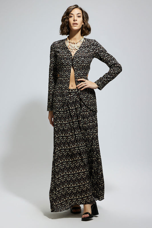 Black Embellished Side Cut out Jacket with Printed Flared Pants