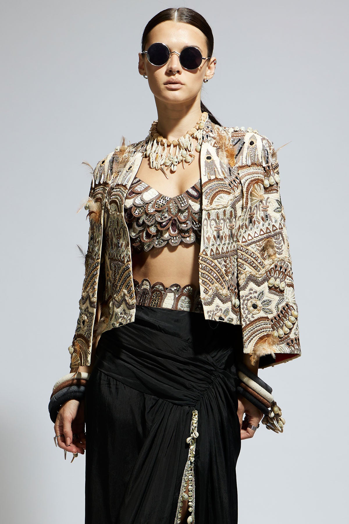 Ivory Abstract Feather Cape Jacket