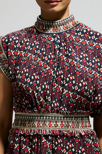 Blue Printed Cowl Dress Teamed with A Belt