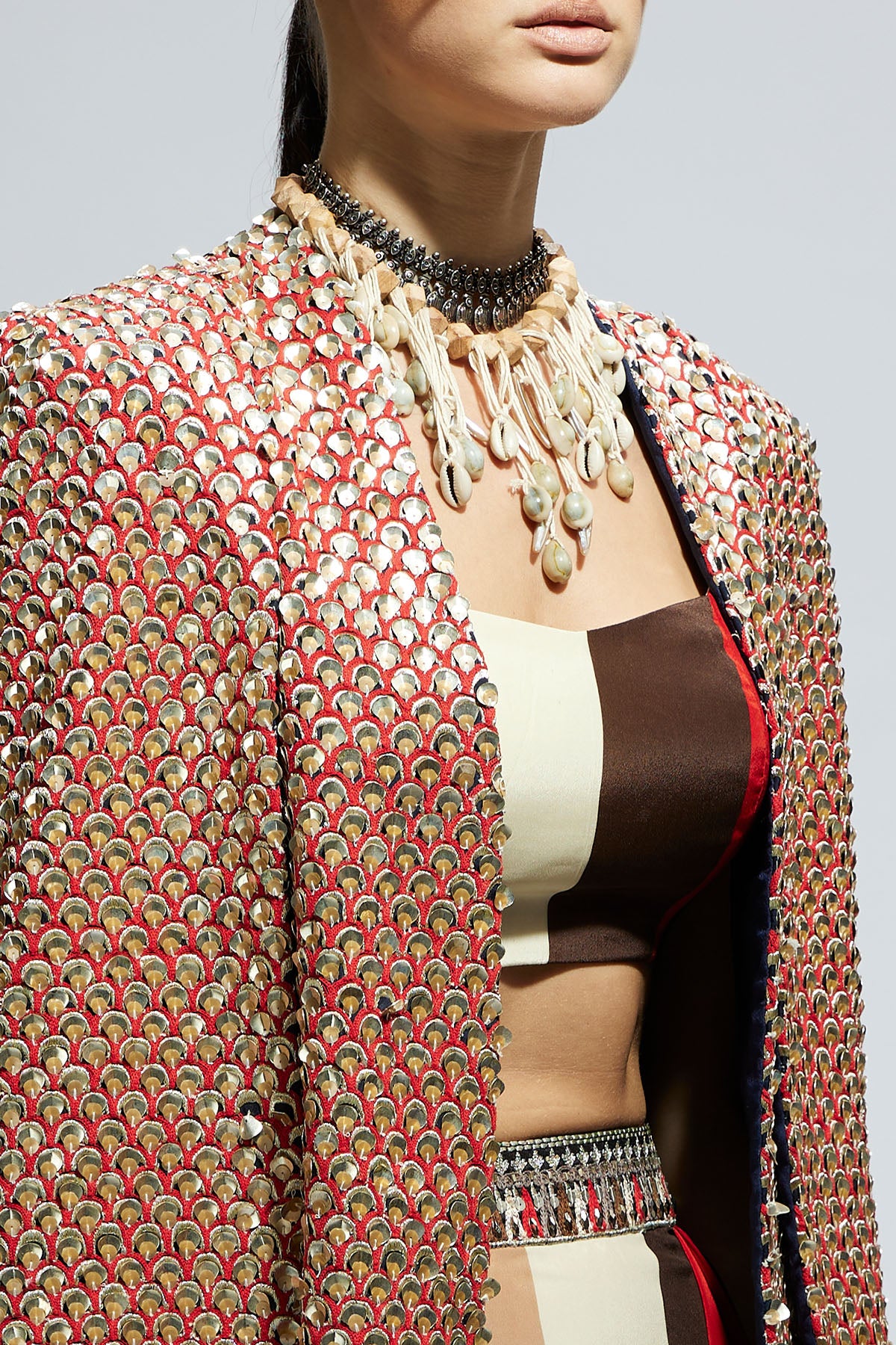 Metallic Embellished Cape Jacket Paired with Stripe Bustier and Stripe Drape Skirt