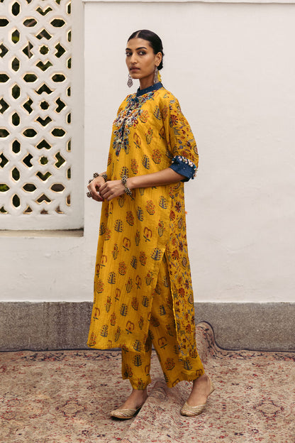 Yellow Embroidery Crush Printed Kaftan Set