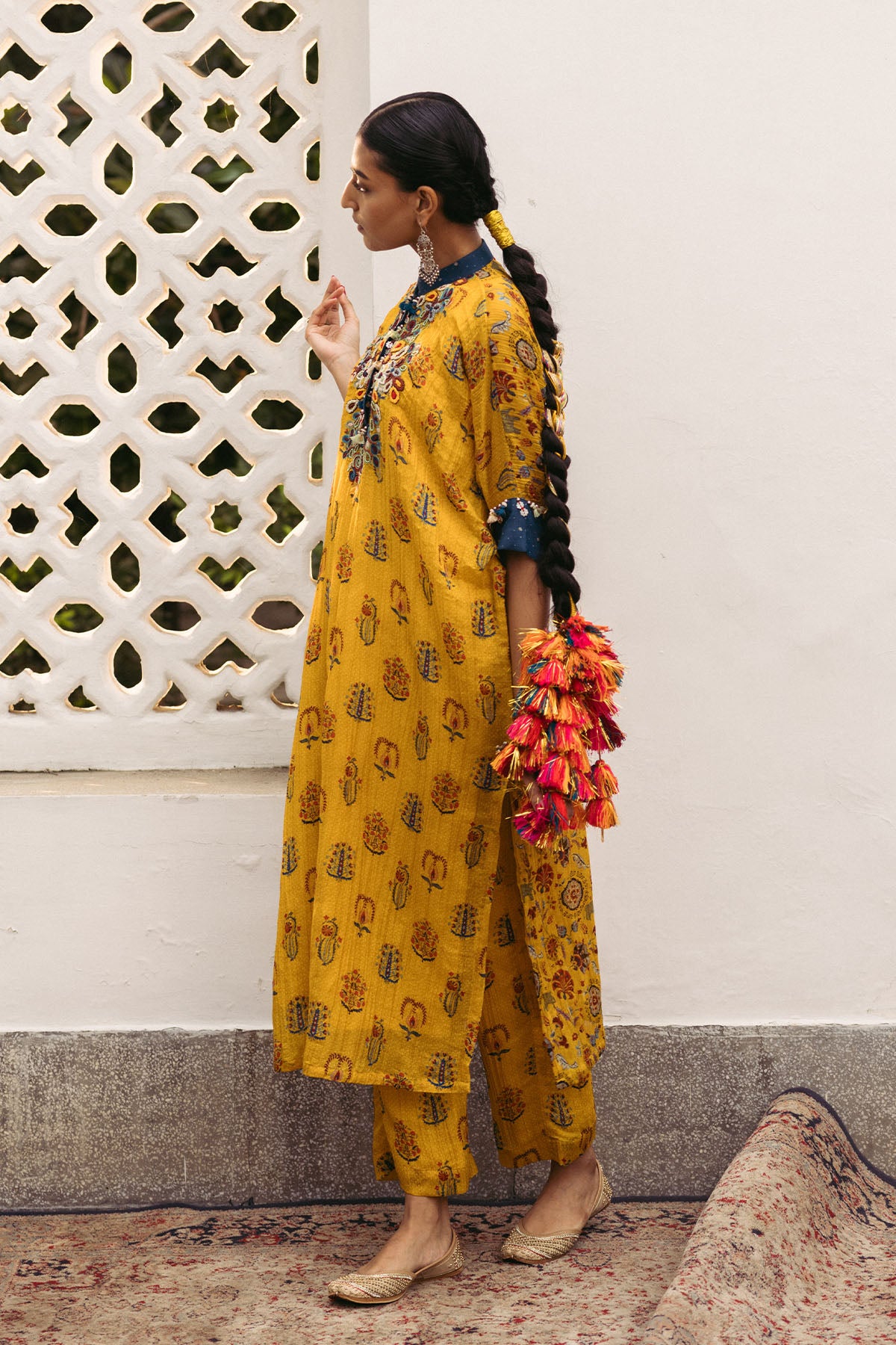 Yellow Embroidery Crush Printed Kaftan Set