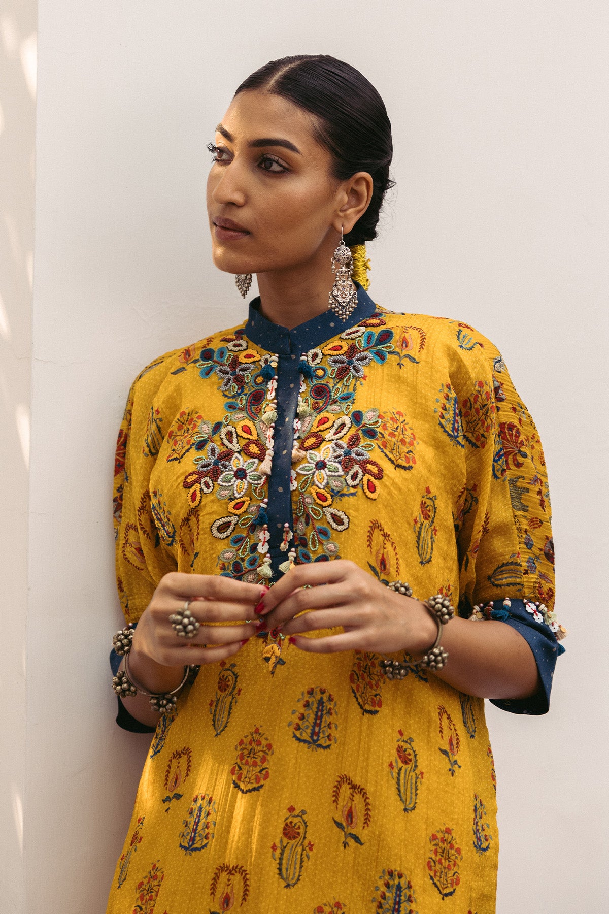 Yellow Embroidery Crush Printed Kaftan Set