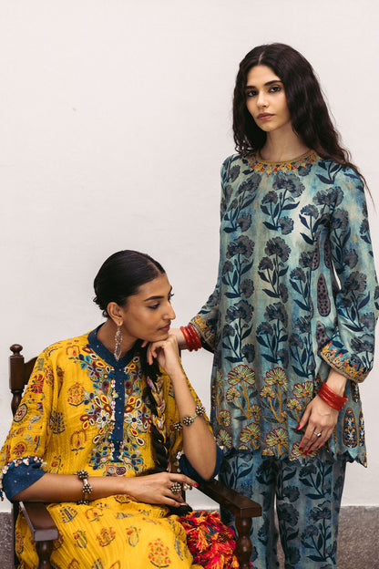 Yellow Embroidery Crush Printed Kaftan Set