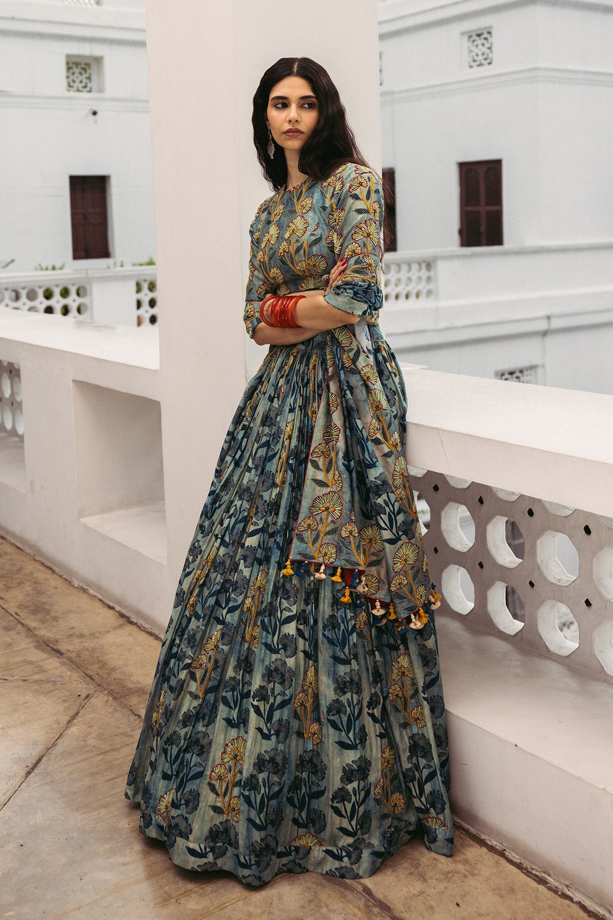 Indigo Floral Highlighted Lehenga