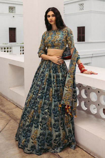 Indigo Floral Highlighted Lehenga