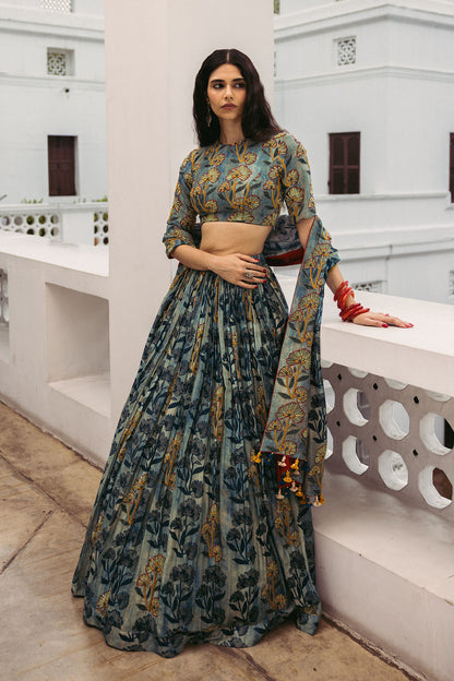 Indigo Floral Highlighted Lehenga