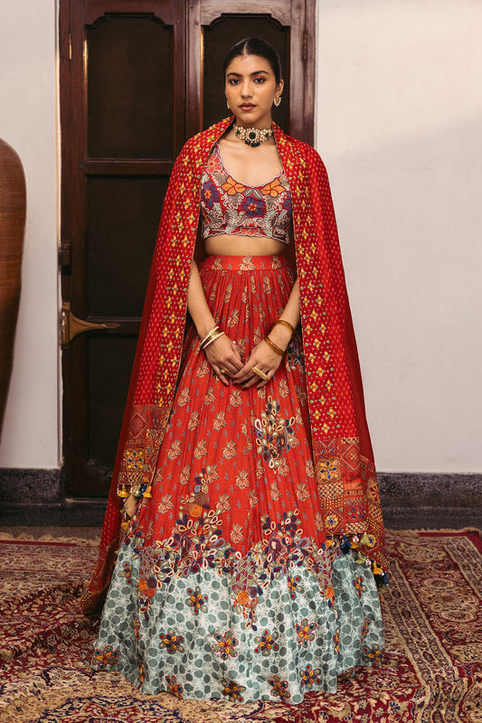 Red Floral Embroidery Croptop Lehenga Set