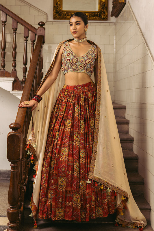 Cream Embroidery Croptop Lehenga Set