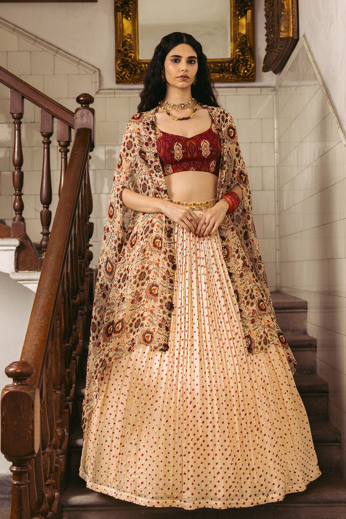 Maroon Ikkat Embroidered Croptop Lehenga Set