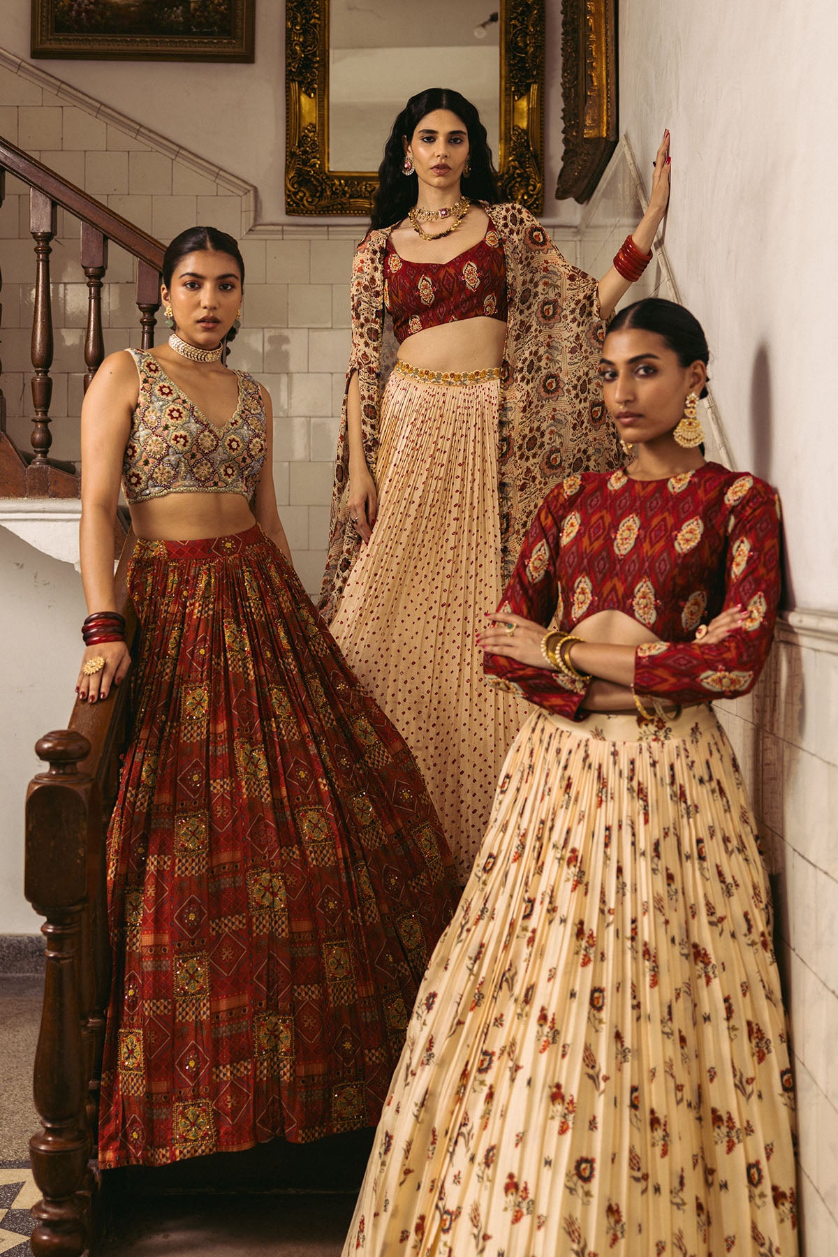 Maroon Ikkat Embroidered Croptop Lehenga Set