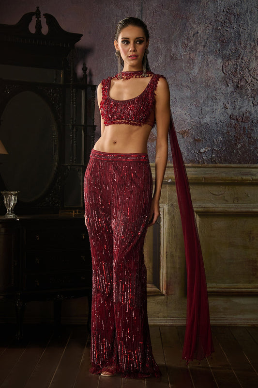 MAROON EMBROIDERED BLOUSE AND PANTS WITH CHOKER DUPATTA