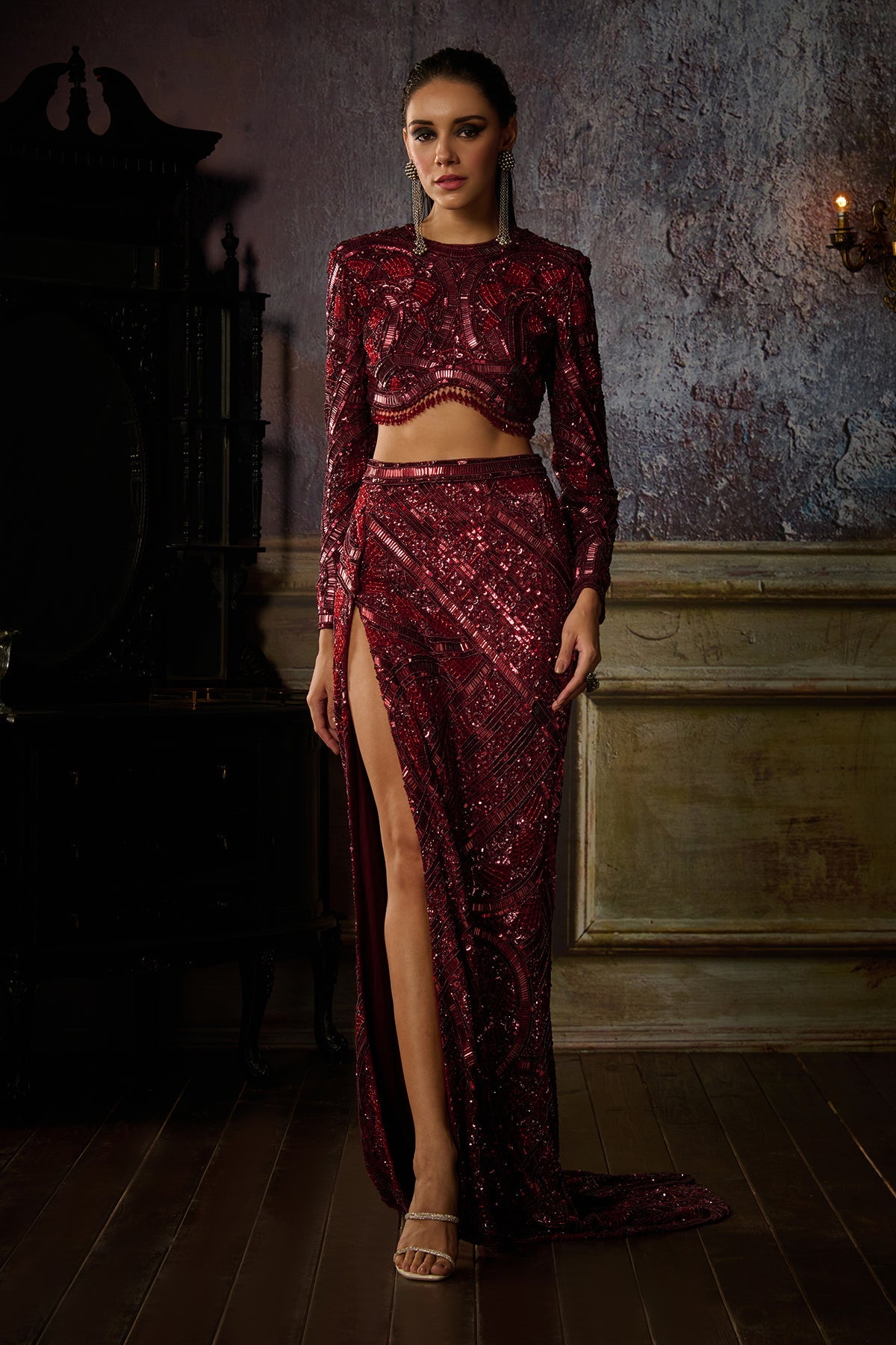 MAROON FULLY EMBROIDERED BLOUSE AND SLIT TRAIL SKIRT