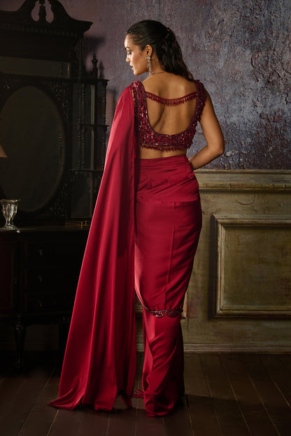 MAROON EMBROIDERED BLOUSE WITH PRE DRAPED SOLID DHOTI SKIRT SAREE