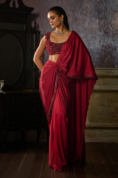 MAROON EMBROIDERED BLOUSE WITH PRE DRAPED SOLID DHOTI SKIRT SAREE