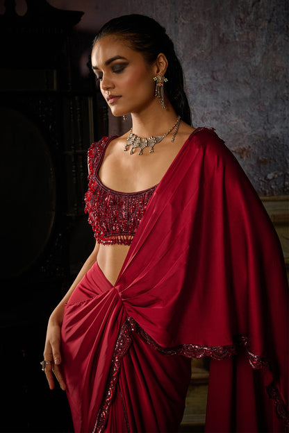 MAROON EMBROIDERED BLOUSE WITH PRE DRAPED SOLID DHOTI SKIRT SAREE