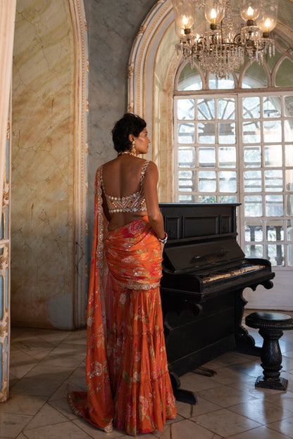 Burnt Orange Floral Saree Set