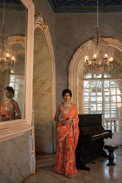 Burnt Orange Floral Saree Set