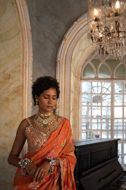 Burnt Orange Floral Saree Set