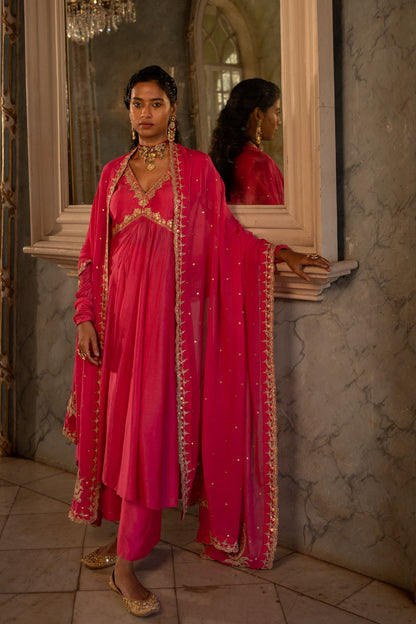 Fuschia Pink V Neck Anarkali Set