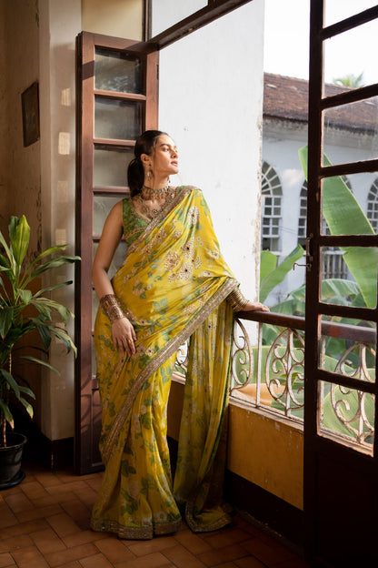 Refreshing Yellow Mint Saree Set