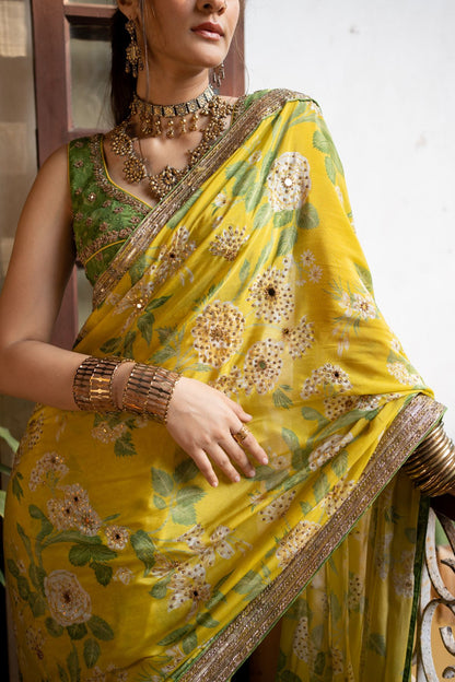 Refreshing Yellow Mint Saree Set