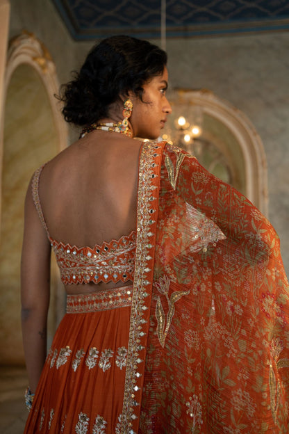 Burnt Orange Buti Embroidered Lehenga Set