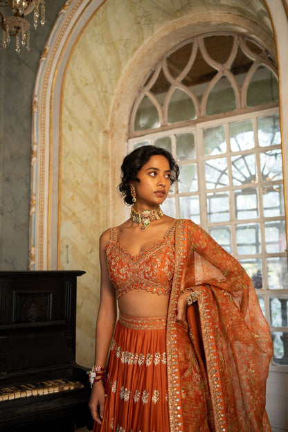 Burnt Orange Buti Embroidered Lehenga Set