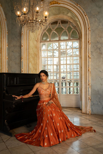 Burnt Orange Buti Embroidered Lehenga Set