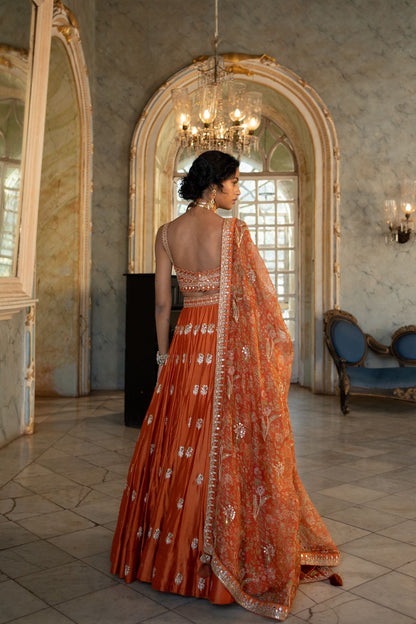 Burnt Orange Buti Embroidered Lehenga Set