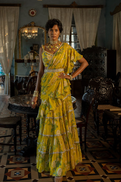 Refreshing Yellow Mint Ruffle Saree Set