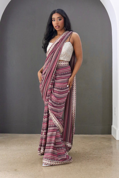 Merlot Boho Striped Cascading Saree