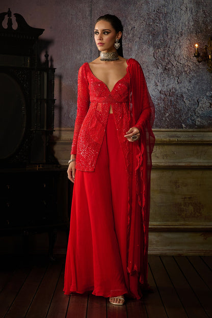 RED EMBROIDERED PEPLUM WITH ORGANZA SHARARA AND DUPATTA