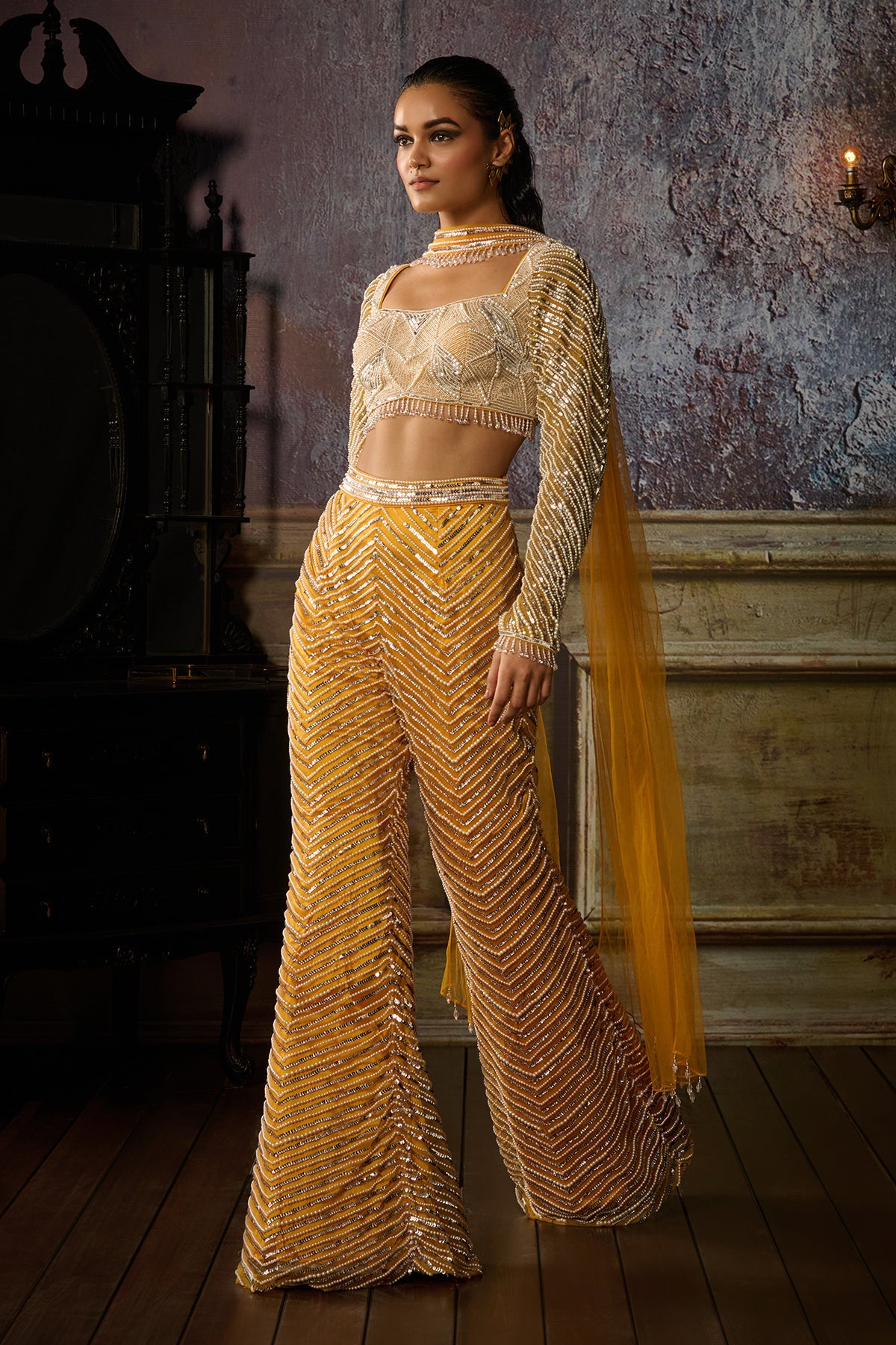 YELLOW FULLY EMBROIDERED BLOUSE, PANT AND CHOKER DUPATTA