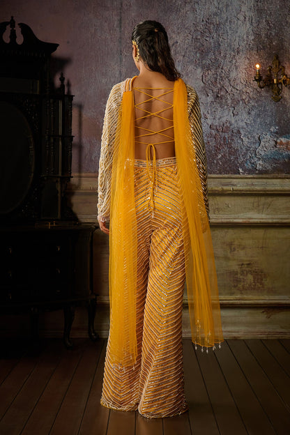 YELLOW FULLY EMBROIDERED BLOUSE, PANT AND CHOKER DUPATTA