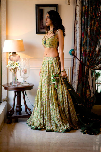 Sage Green Tropical Printed Lehenga Set