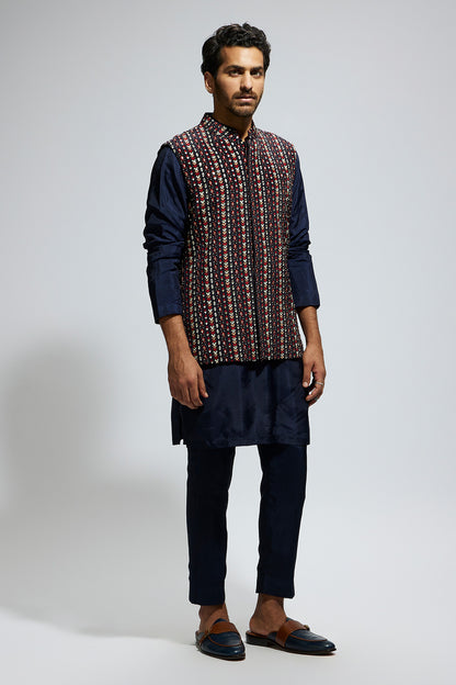 Blue Boho Geo Embellished Bundi Paired With Solid Blue Kurta And Pants