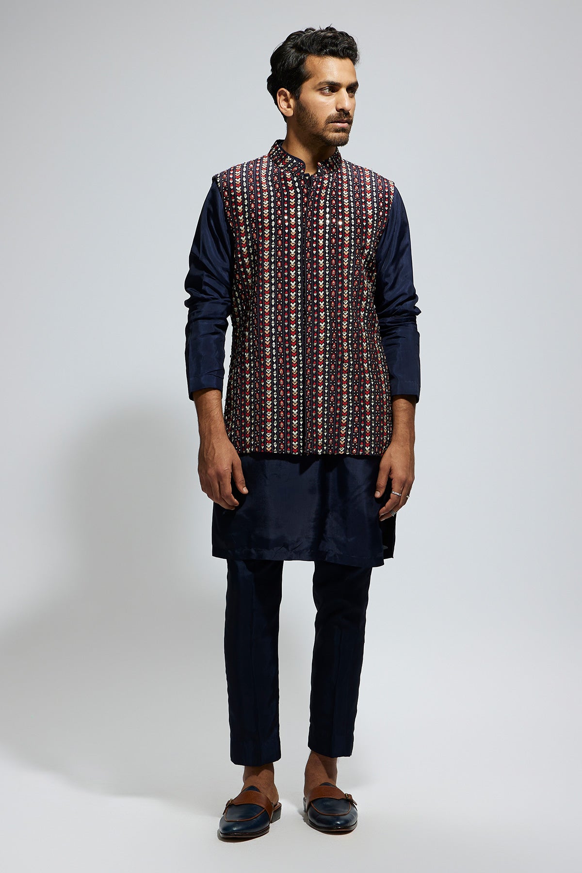 Blue Boho Geo Embellished Bundi Paired With Solid Blue Kurta And Pants