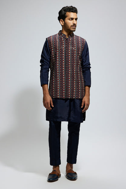 Blue Boho Geo Embellished Bundi Paired With Solid Blue Kurta And Pants