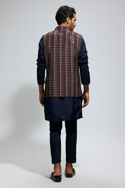 Blue Boho Geo Embellished Bundi Paired With Solid Blue Kurta And Pants