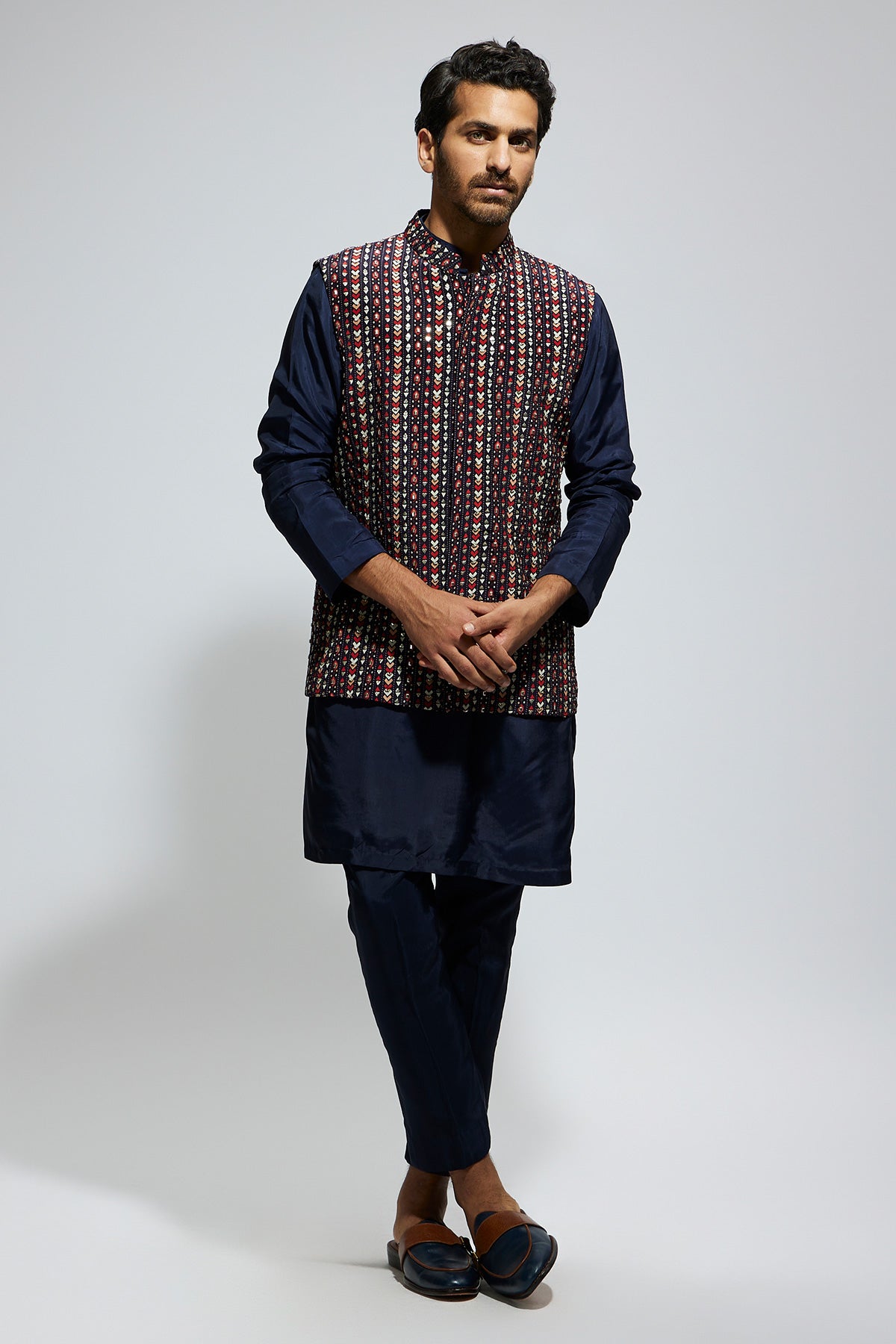 Blue Boho Geo Embellished Bundi Paired With Solid Blue Kurta And Pants